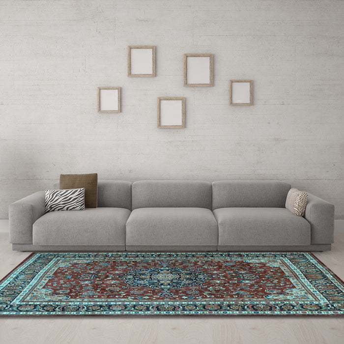 Machine Washable Medallion Light Blue Traditional Rug in a Living Room, wshtr1621lblu