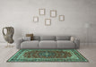 Machine Washable Medallion Turquoise Traditional Area Rugs in a Living Room,, wshtr1621turq