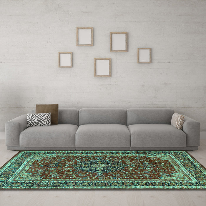 Machine Washable Medallion Turquoise Traditional Area Rugs in a Living Room,, wshtr1621turq