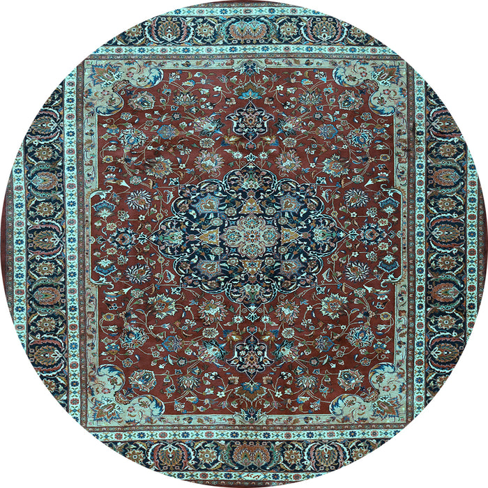 Round Machine Washable Medallion Light Blue Traditional Rug, wshtr1621lblu
