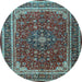 Round Machine Washable Medallion Light Blue Traditional Rug, wshtr1621lblu