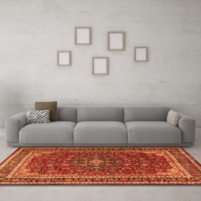Machine Washable Medallion Orange Traditional Area Rugs in a Living Room, wshtr1621org