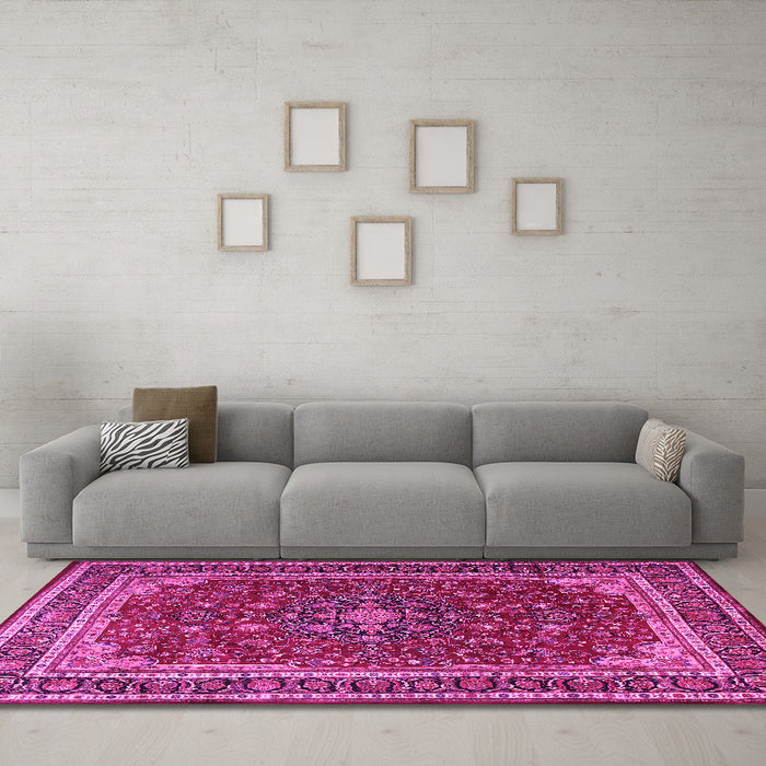 Machine Washable Medallion Pink Traditional Rug in a Living Room, wshtr1621pnk