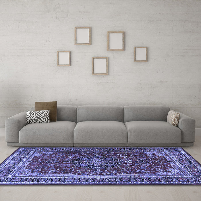 Machine Washable Medallion Blue Traditional Rug in a Living Room, wshtr1621blu