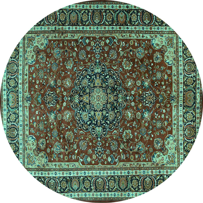 Round Machine Washable Medallion Turquoise Traditional Area Rugs, wshtr1621turq