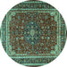 Round Machine Washable Medallion Turquoise Traditional Area Rugs, wshtr1621turq