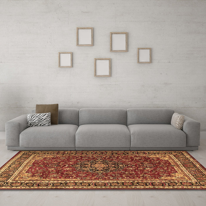 Machine Washable Medallion Brown Traditional Rug in a Living Room,, wshtr1621brn