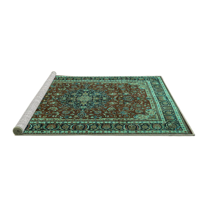 Sideview of Machine Washable Medallion Turquoise Traditional Area Rugs, wshtr1621turq