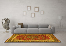 Machine Washable Medallion Yellow Traditional Rug in a Living Room, wshtr1621yw