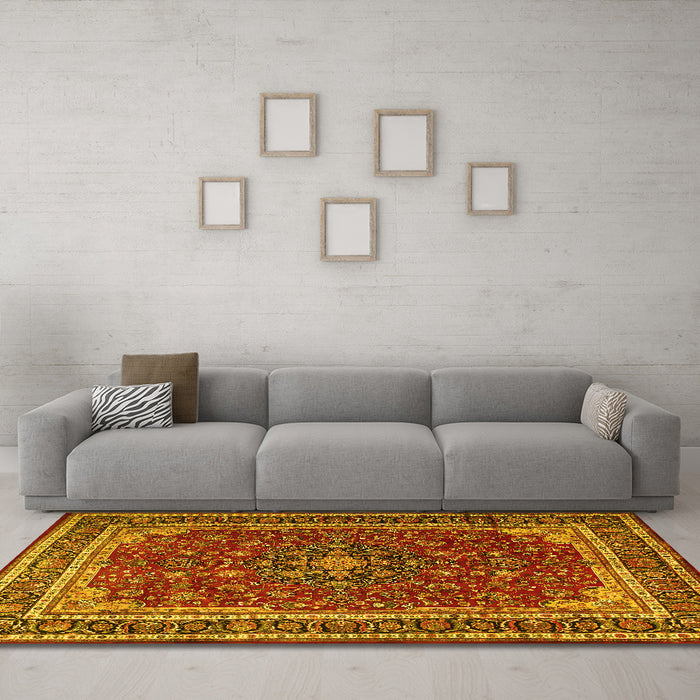 Machine Washable Medallion Yellow Traditional Rug in a Living Room, wshtr1621yw