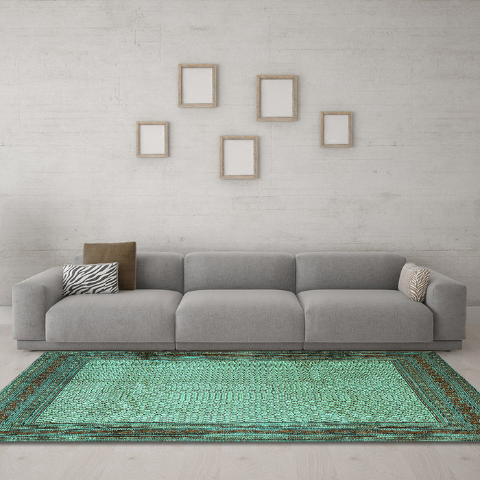 Machine Washable Persian Turquoise Traditional Area Rugs in a Living Room,, wshtr1622turq