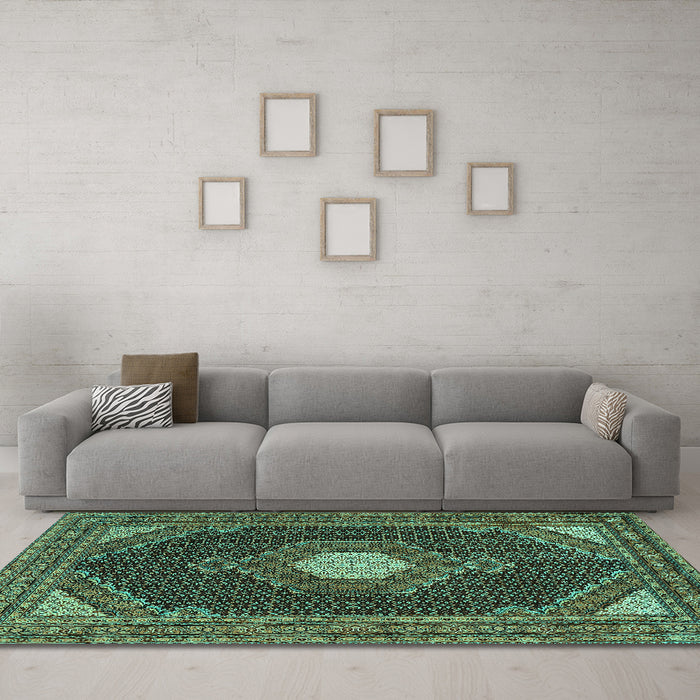 Machine Washable Medallion Turquoise Traditional Area Rugs in a Living Room,, wshtr1623turq