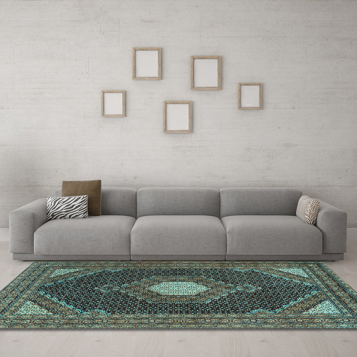 Machine Washable Medallion Light Blue Traditional Rug in a Living Room, wshtr1623lblu