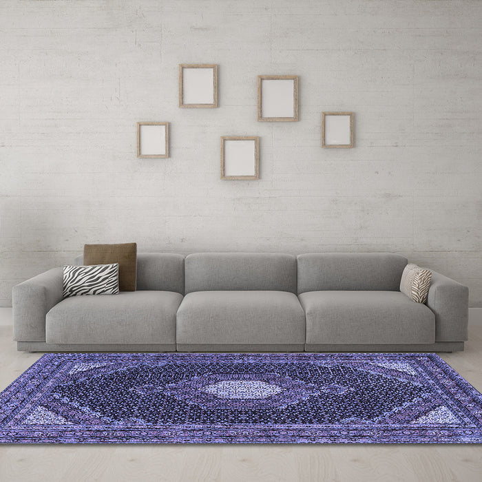 Machine Washable Medallion Blue Traditional Rug in a Living Room, wshtr1623blu