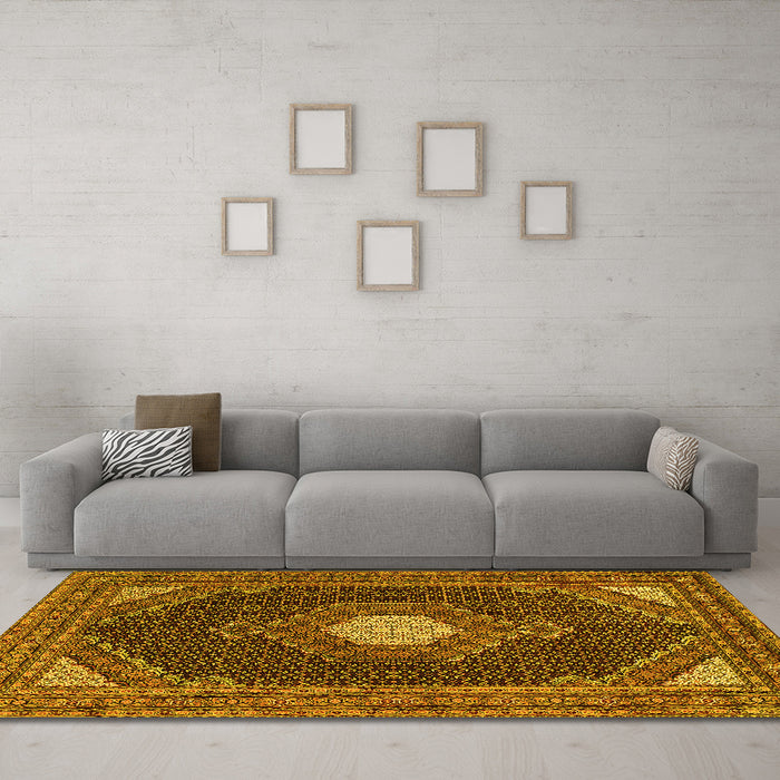 Machine Washable Medallion Yellow Traditional Rug in a Living Room, wshtr1623yw