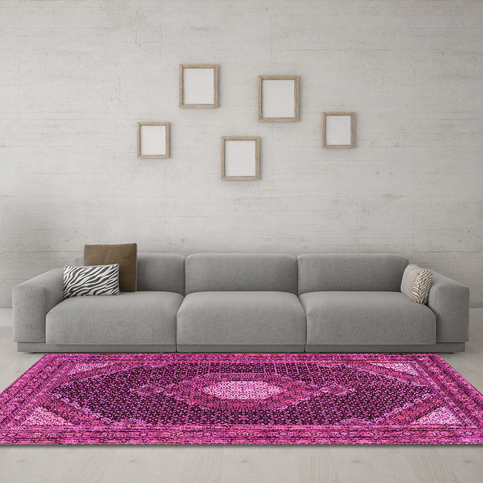 Machine Washable Medallion Pink Traditional Rug in a Living Room, wshtr1623pnk