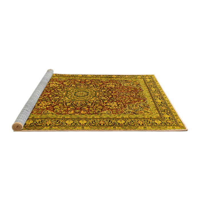 Sideview of Machine Washable Medallion Yellow Traditional Rug, wshtr1624yw