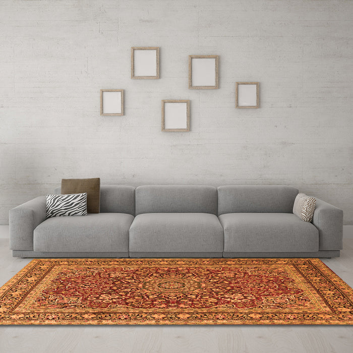 Machine Washable Medallion Orange Traditional Area Rugs in a Living Room, wshtr1624org