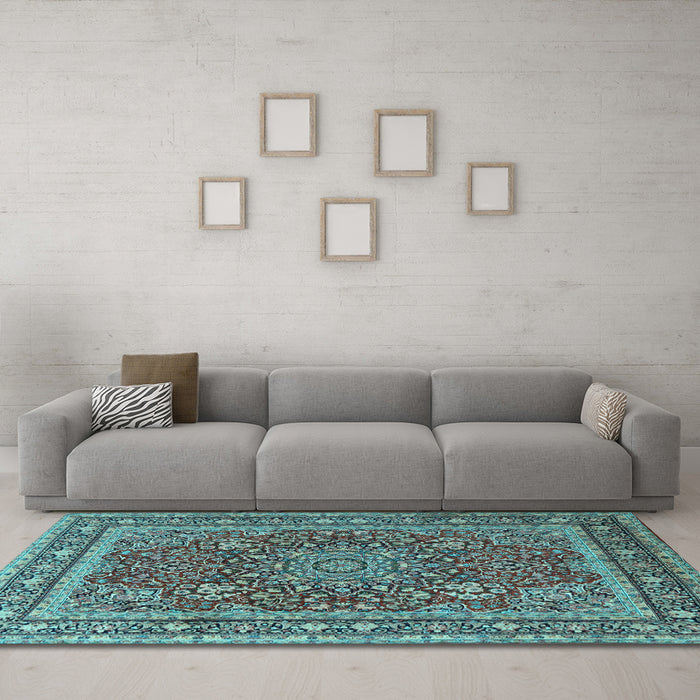 Machine Washable Medallion Light Blue Traditional Rug in a Living Room, wshtr1624lblu