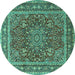 Round Machine Washable Medallion Turquoise Traditional Area Rugs, wshtr1624turq