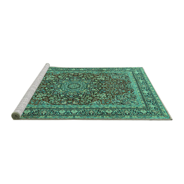Sideview of Machine Washable Medallion Turquoise Traditional Area Rugs, wshtr1624turq