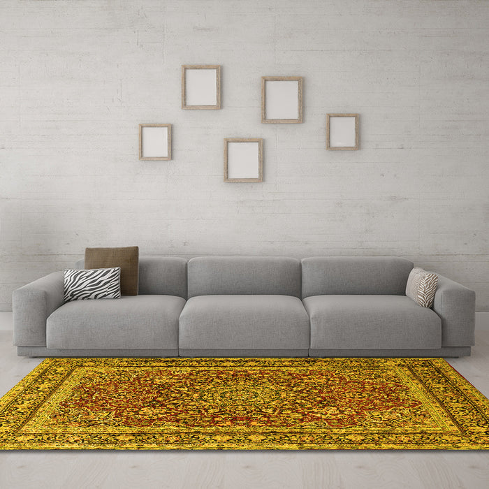 Machine Washable Medallion Yellow Traditional Rug in a Living Room, wshtr1624yw