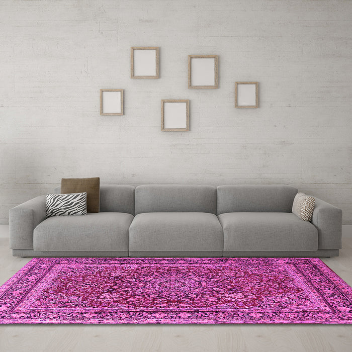 Machine Washable Medallion Pink Traditional Rug in a Living Room, wshtr1624pnk