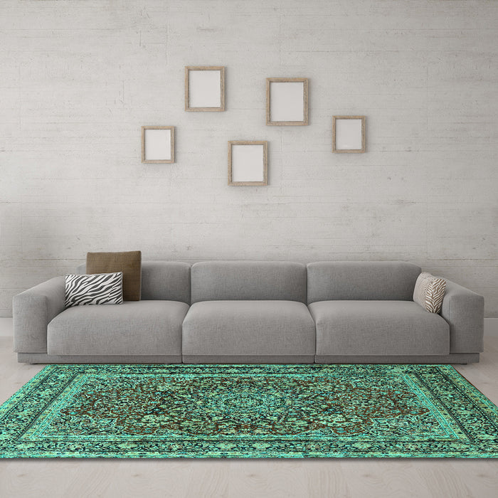 Machine Washable Medallion Turquoise Traditional Area Rugs in a Living Room,, wshtr1624turq