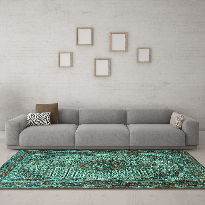 Machine Washable Medallion Turquoise Traditional Area Rugs in a Living Room,, wshtr1625turq