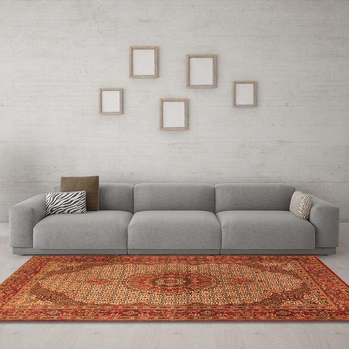 Machine Washable Medallion Orange Traditional Area Rugs in a Living Room, wshtr1625org