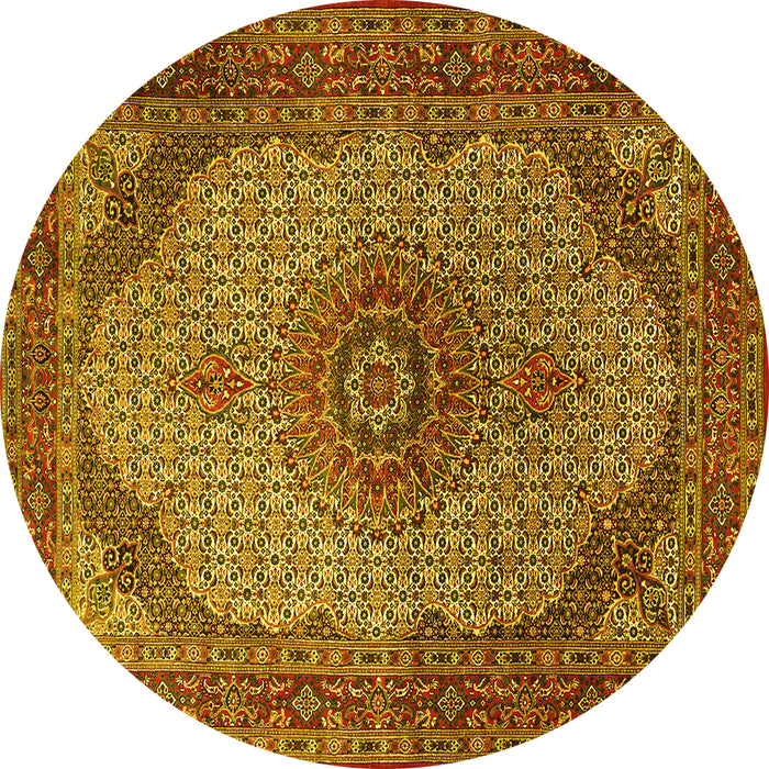 Round Machine Washable Medallion Yellow Traditional Rug, wshtr1625yw