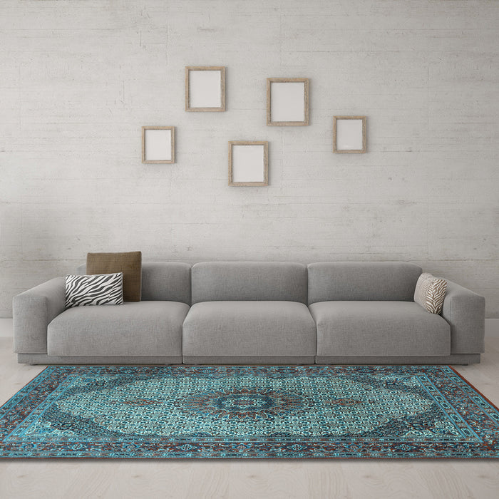 Machine Washable Medallion Light Blue Traditional Rug in a Living Room, wshtr1625lblu