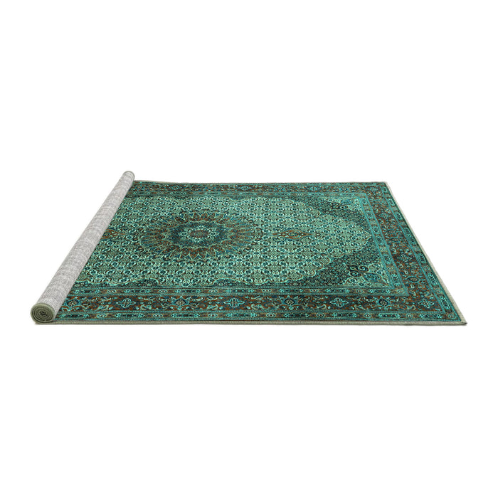 Sideview of Machine Washable Medallion Turquoise Traditional Area Rugs, wshtr1625turq