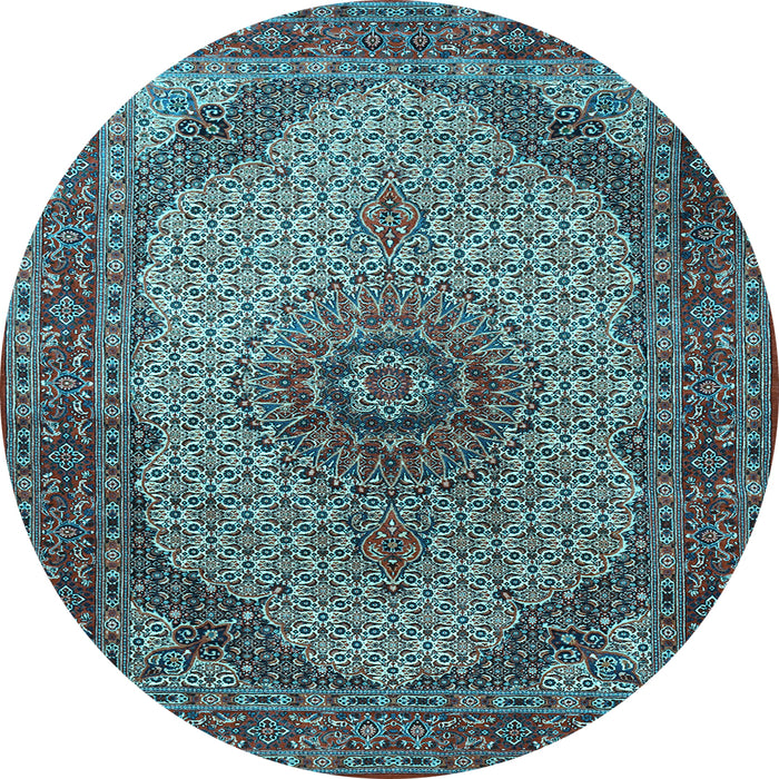 Round Machine Washable Medallion Light Blue Traditional Rug, wshtr1625lblu