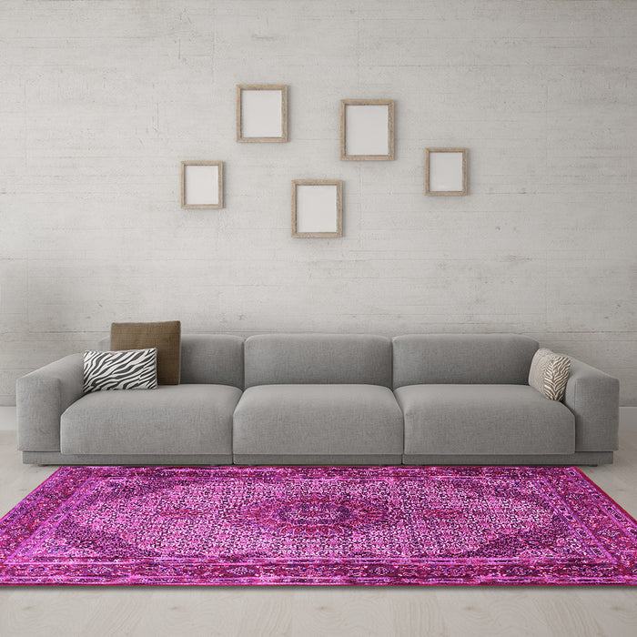 Machine Washable Medallion Pink Traditional Rug in a Living Room, wshtr1625pnk