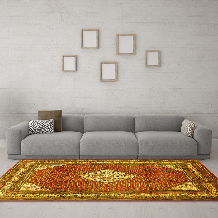 Machine Washable Medallion Yellow Traditional Rug in a Living Room, wshtr1626yw