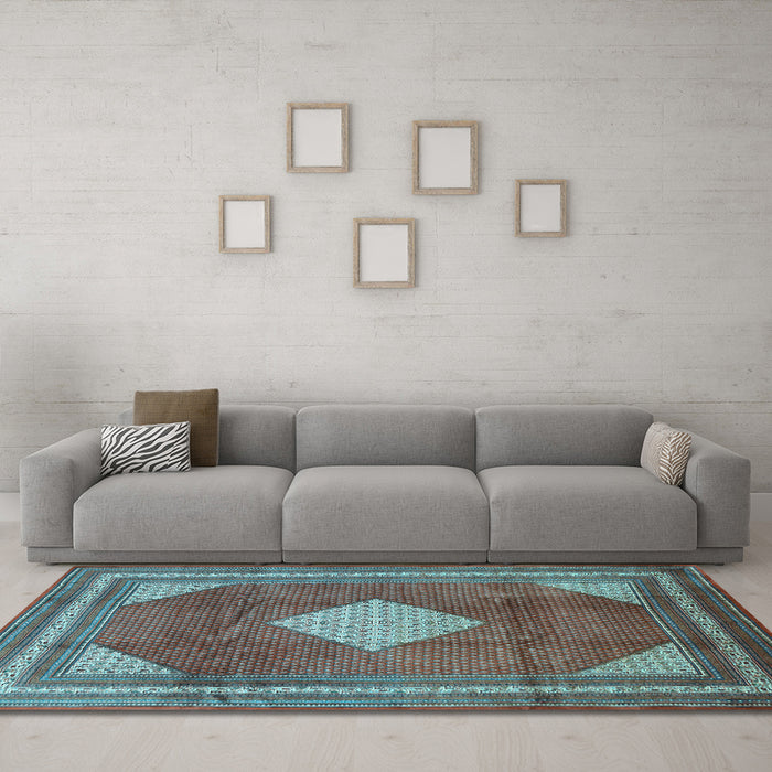 Machine Washable Medallion Light Blue Traditional Rug in a Living Room, wshtr1626lblu