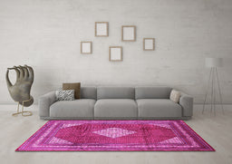 Machine Washable Medallion Pink Traditional Rug in a Living Room, wshtr1626pnk