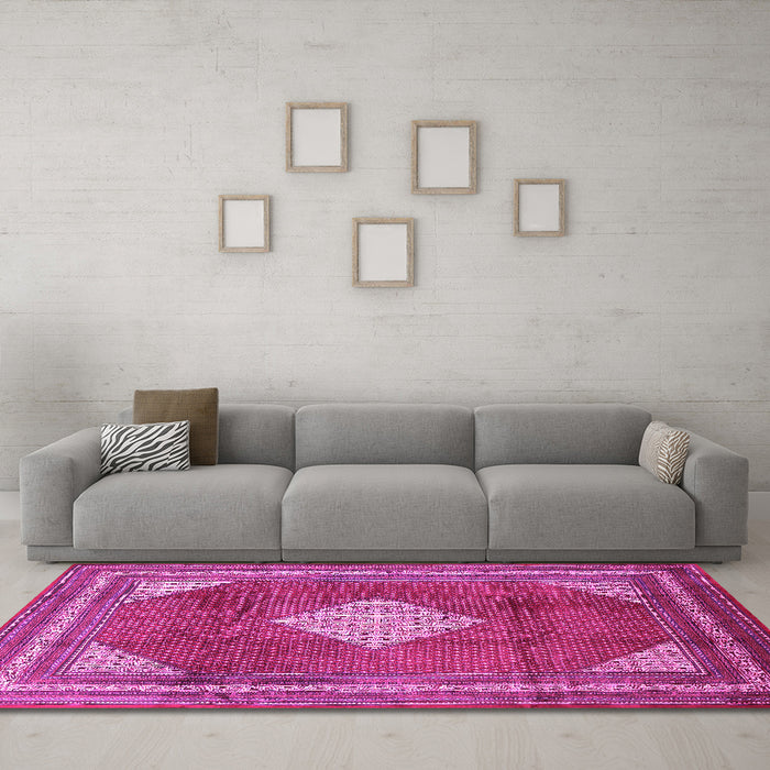 Machine Washable Medallion Pink Traditional Rug in a Living Room, wshtr1626pnk