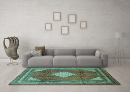 Machine Washable Medallion Turquoise Traditional Area Rugs in a Living Room,, wshtr1626turq
