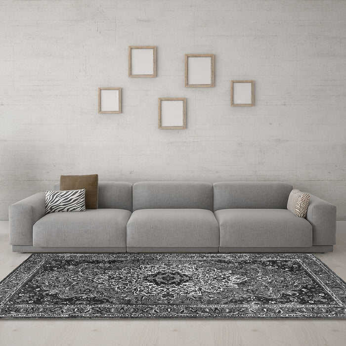 Machine Washable Medallion Gray Traditional Rug in a Living Room,, wshtr1627gry