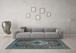 Machine Washable Medallion Light Blue Traditional Rug in a Living Room, wshtr1627lblu