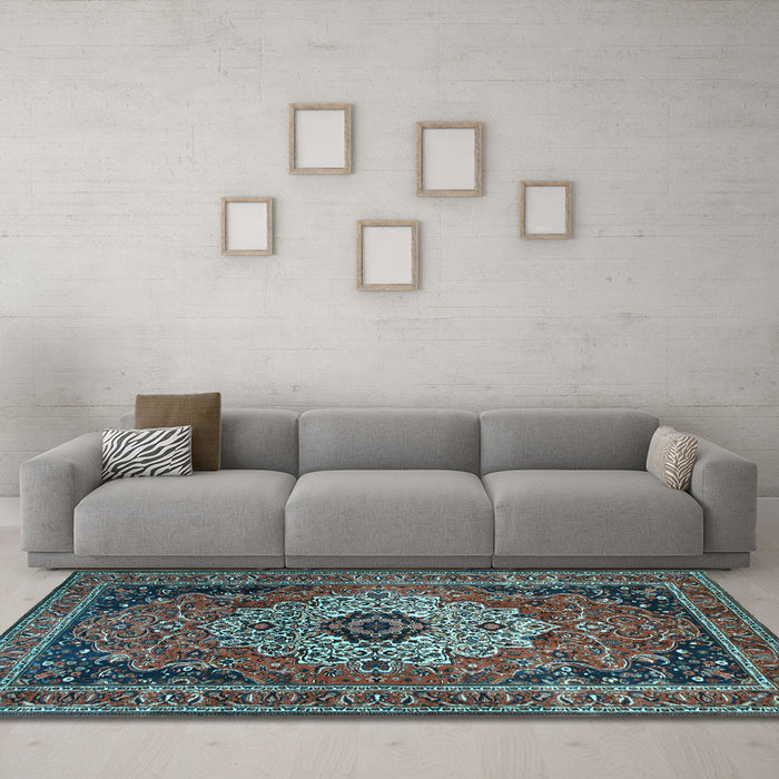 Machine Washable Medallion Light Blue Traditional Rug in a Living Room, wshtr1627lblu