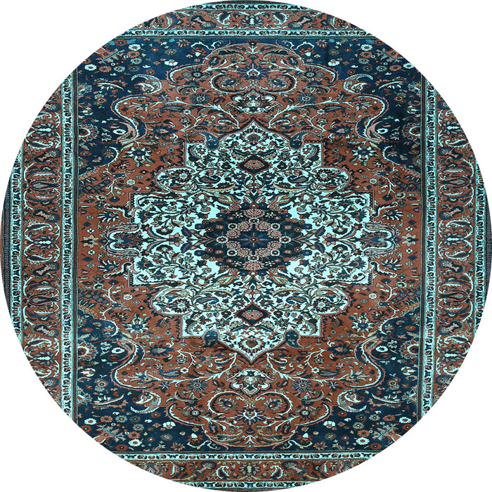 Round Machine Washable Medallion Light Blue Traditional Rug, wshtr1627lblu
