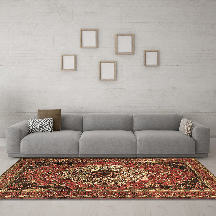 Machine Washable Medallion Brown Traditional Rug in a Living Room,, wshtr1627brn