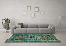 Machine Washable Medallion Turquoise Traditional Area Rugs in a Living Room,, wshtr1627turq