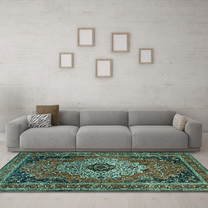 Machine Washable Medallion Turquoise Traditional Area Rugs in a Living Room,, wshtr1627turq