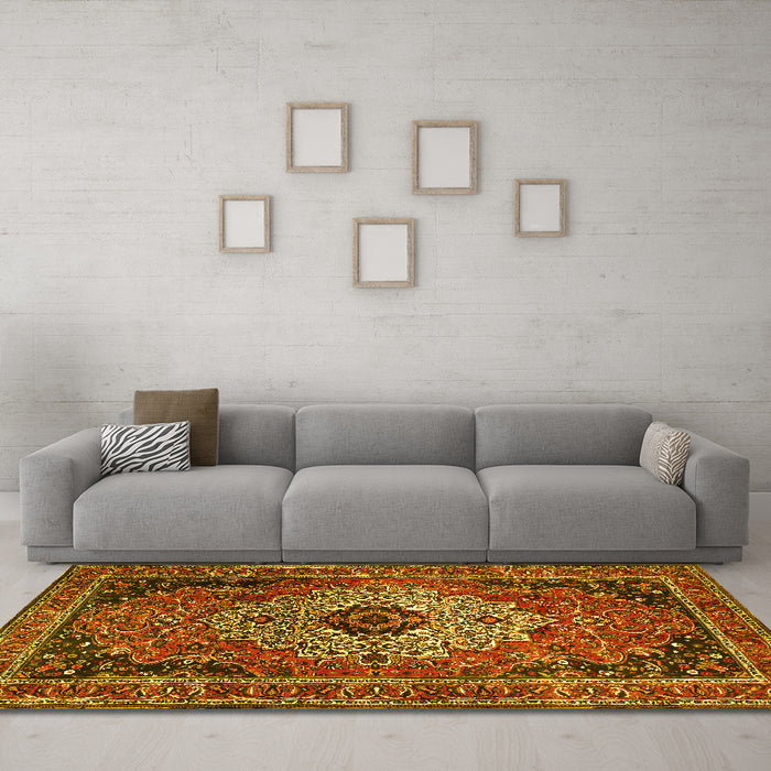 Machine Washable Medallion Yellow Traditional Rug in a Living Room, wshtr1627yw
