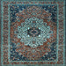 Square Machine Washable Medallion Light Blue Traditional Rug, wshtr1627lblu