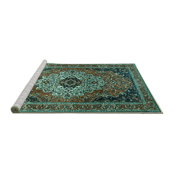 Sideview of Machine Washable Medallion Turquoise Traditional Area Rugs, wshtr1627turq